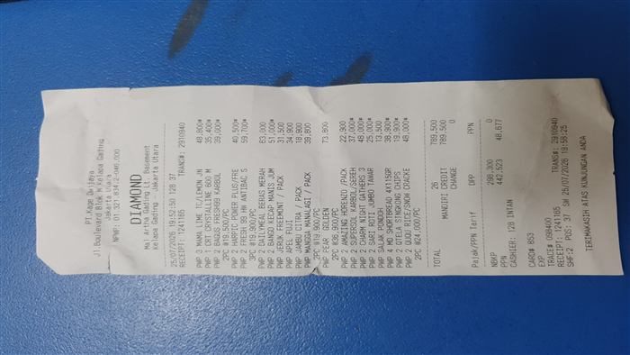 A real, creased supermarket receipt with 20 items