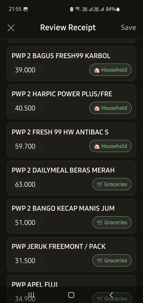 Extracted line items with a suggested category next to each one